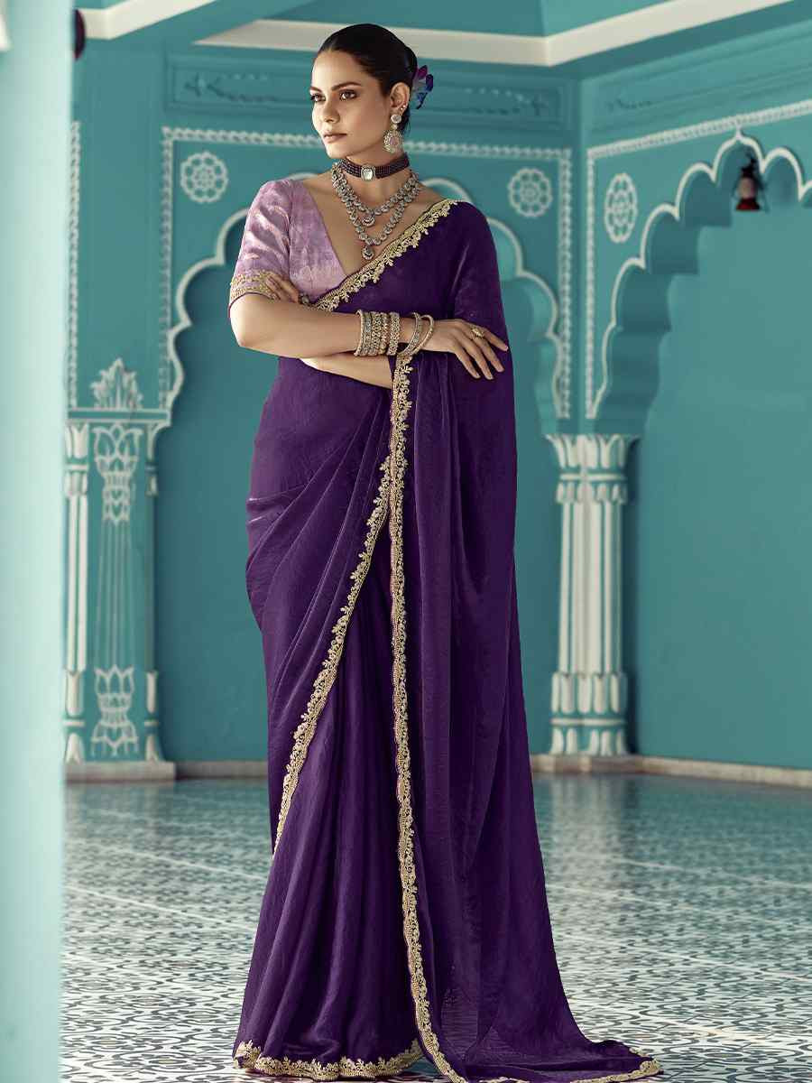 Purple Pure fancy Silk Embroidered Bridesmaid Reception Heavy Border Saree