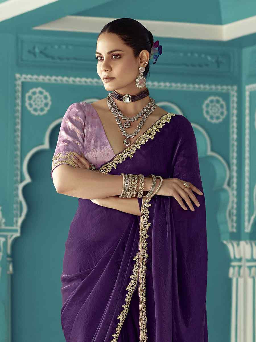 Purple Pure fancy Silk Embroidered Bridesmaid Reception Heavy Border Saree