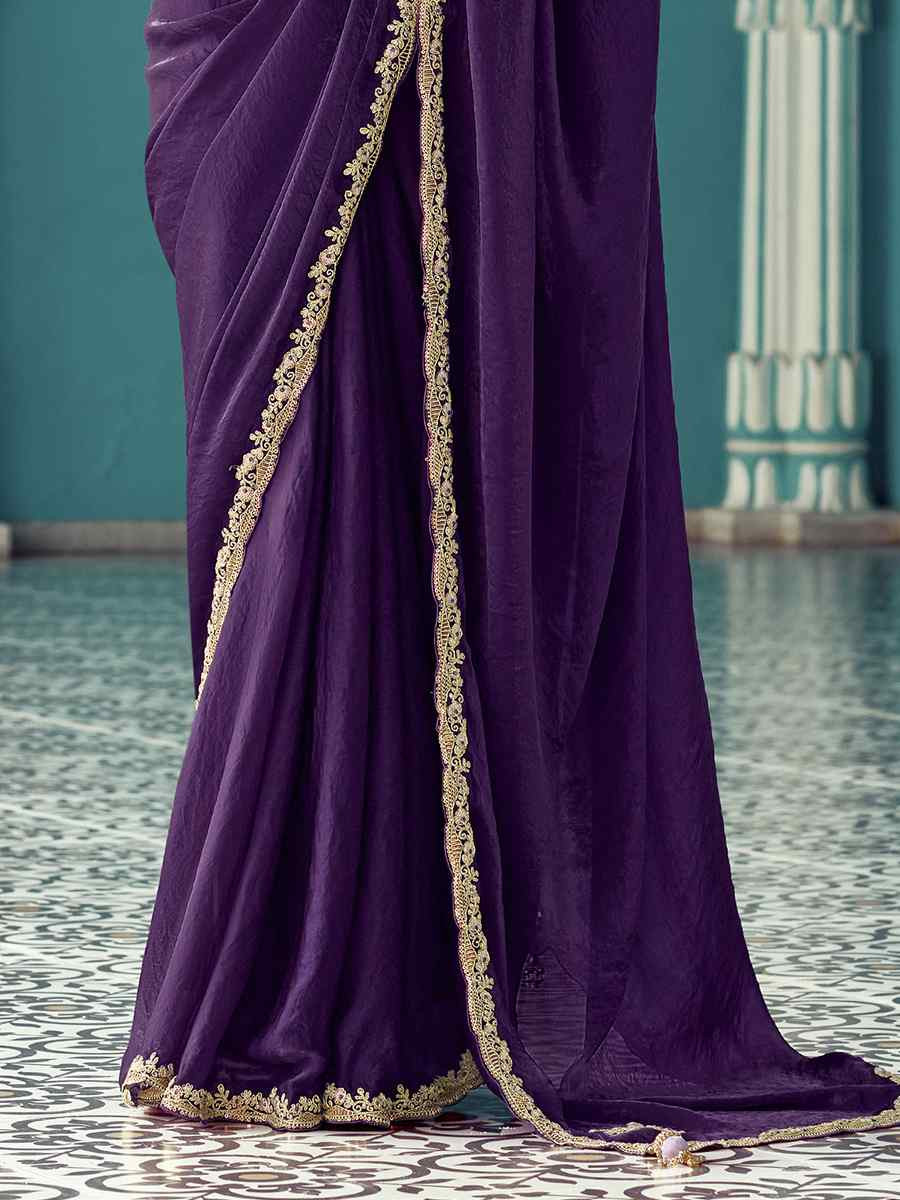 Purple Pure fancy Silk Embroidered Bridesmaid Reception Heavy Border Saree