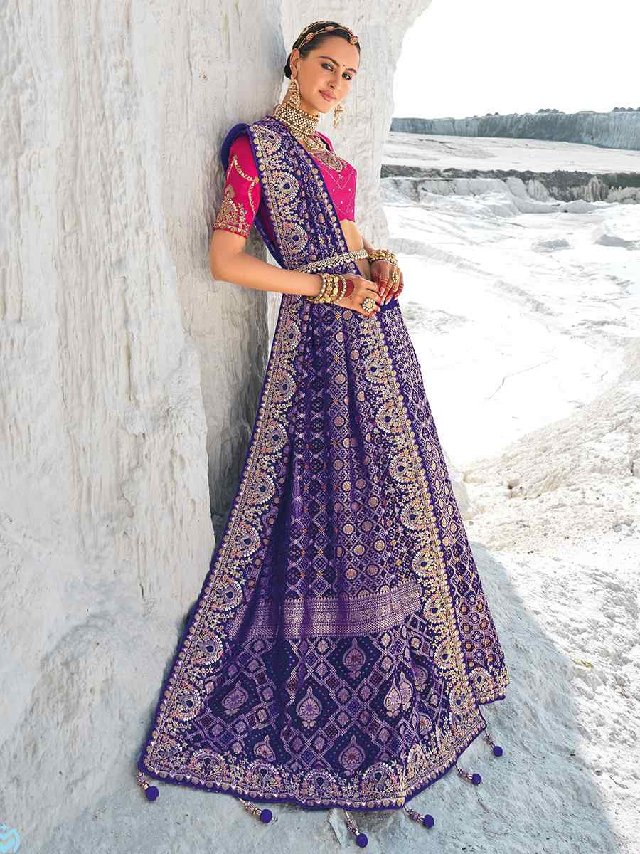 Purple Pure Georgette Embroidered Festival Wedding Heavy Border Saree