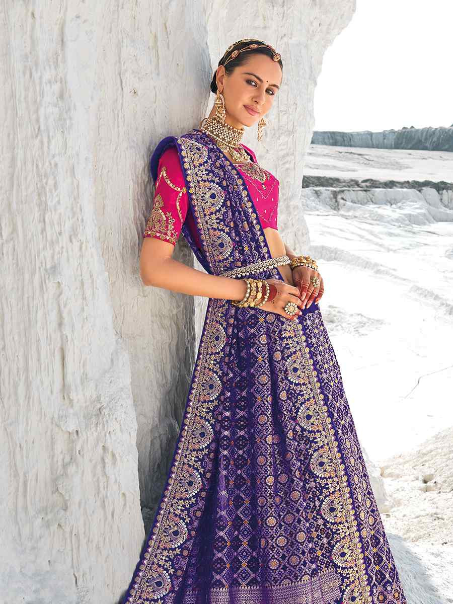 Purple Pure Georgette Embroidered Festival Wedding Heavy Border Saree