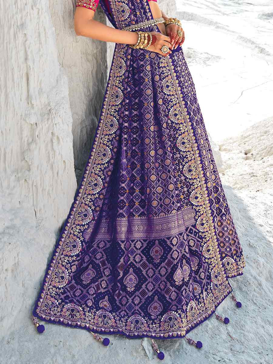 Purple Pure Georgette Embroidered Festival Wedding Heavy Border Saree