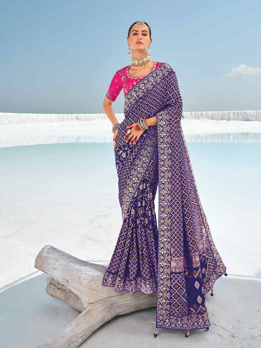 Purple Pure Georgette Embroidered Festival Wedding Heavy Border Saree