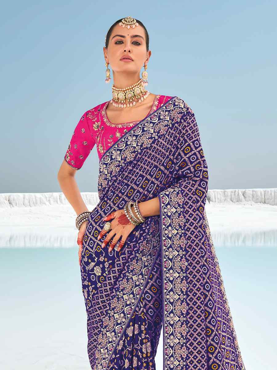 Purple Pure Georgette Embroidered Festival Wedding Heavy Border Saree