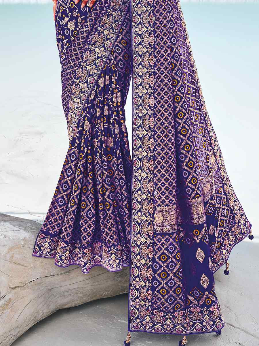 Purple Pure Georgette Embroidered Festival Wedding Heavy Border Saree