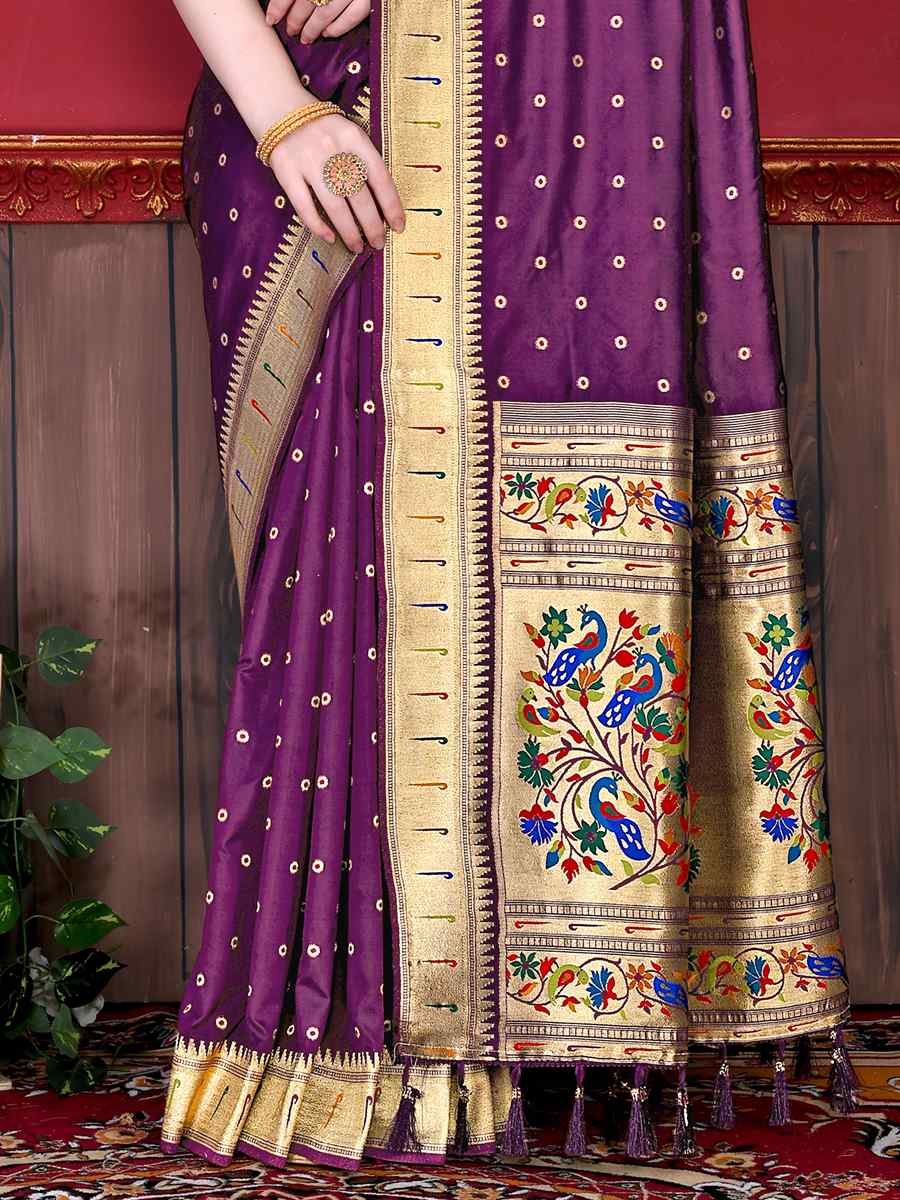 Purple Pure Lichi Silk Handwoven Wedding Festival Heavy Border Saree