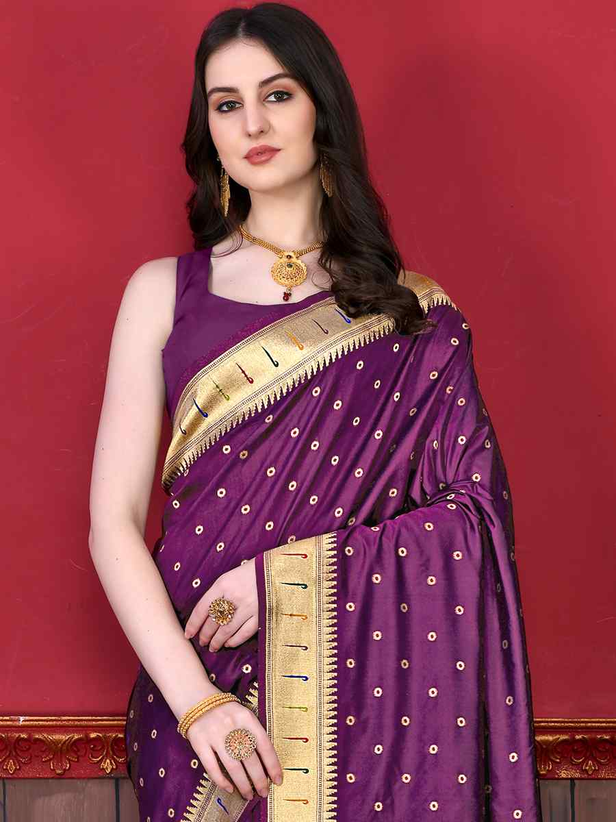 Purple Pure Lichi Silk Handwoven Wedding Festival Heavy Border Saree