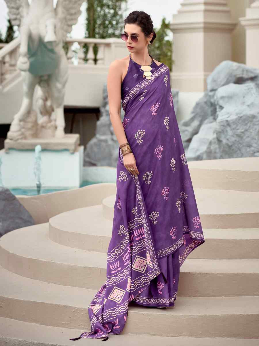 Purple Pure Mal Mal Silk Printed Festival Casual Contemporary Saree