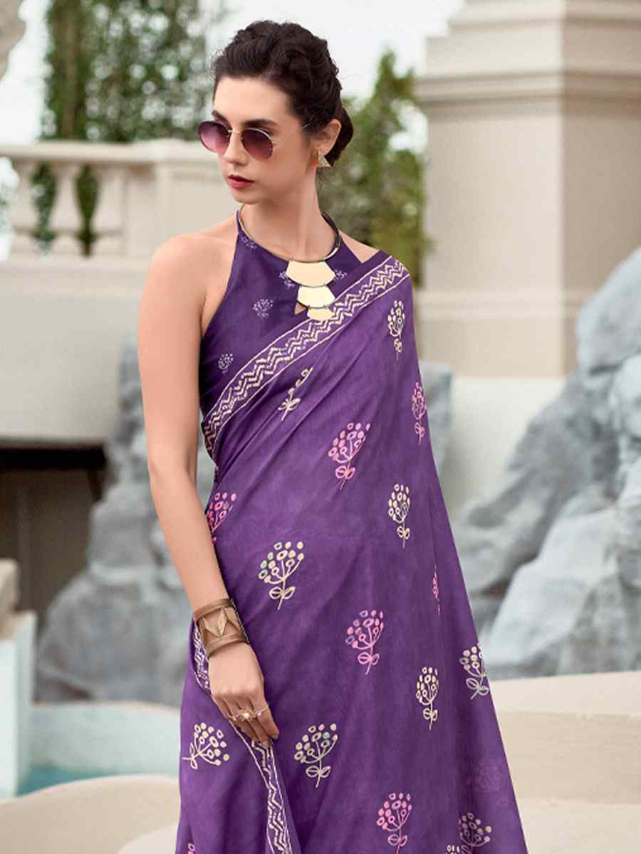 Purple Pure Mal Mal Silk Printed Festival Casual Contemporary Saree