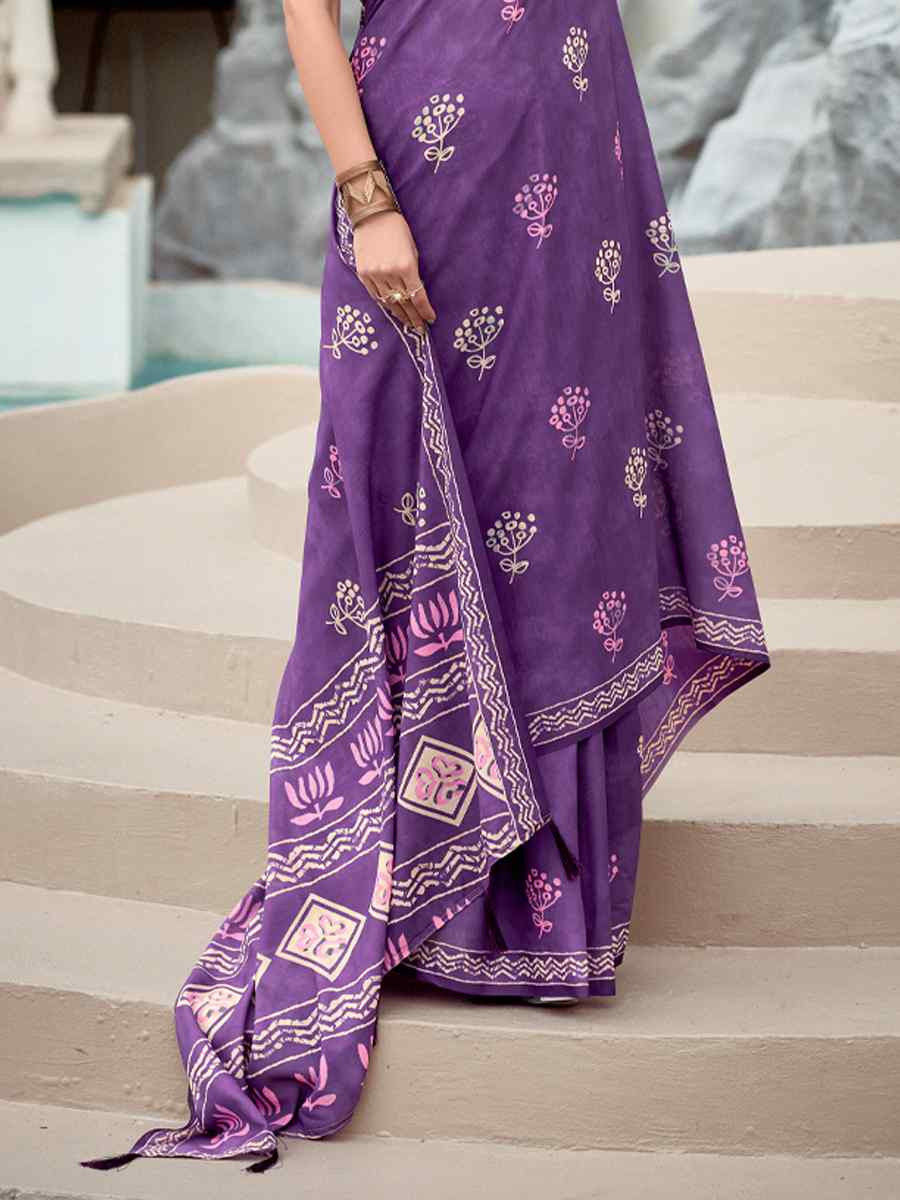 Purple Pure Mal Mal Silk Printed Festival Casual Contemporary Saree