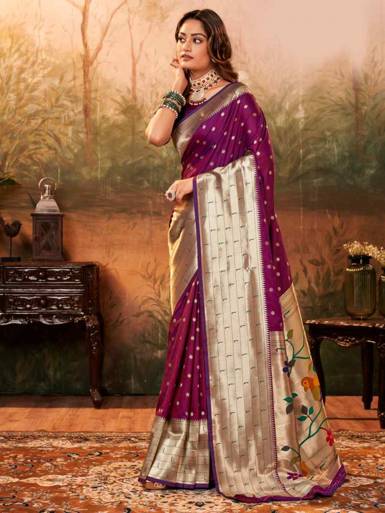 Purple Pure Paithani Silk Handwoven Festival Wedding Heavy Border Saree