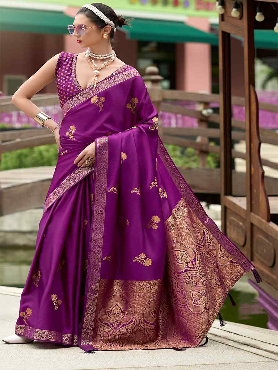 Purple Pure Satin Handwoven Festival Wedding Heavy Border Saree