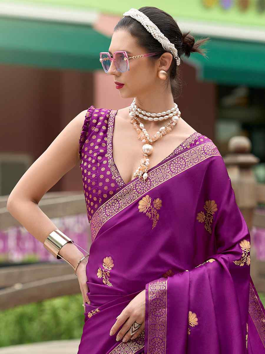 Purple Pure Satin Handwoven Festival Wedding Heavy Border Saree