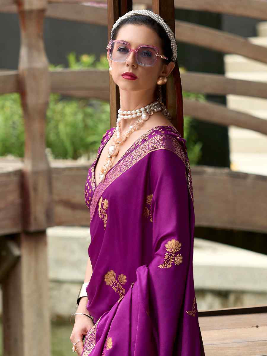 Purple Pure Satin Handwoven Festival Wedding Heavy Border Saree