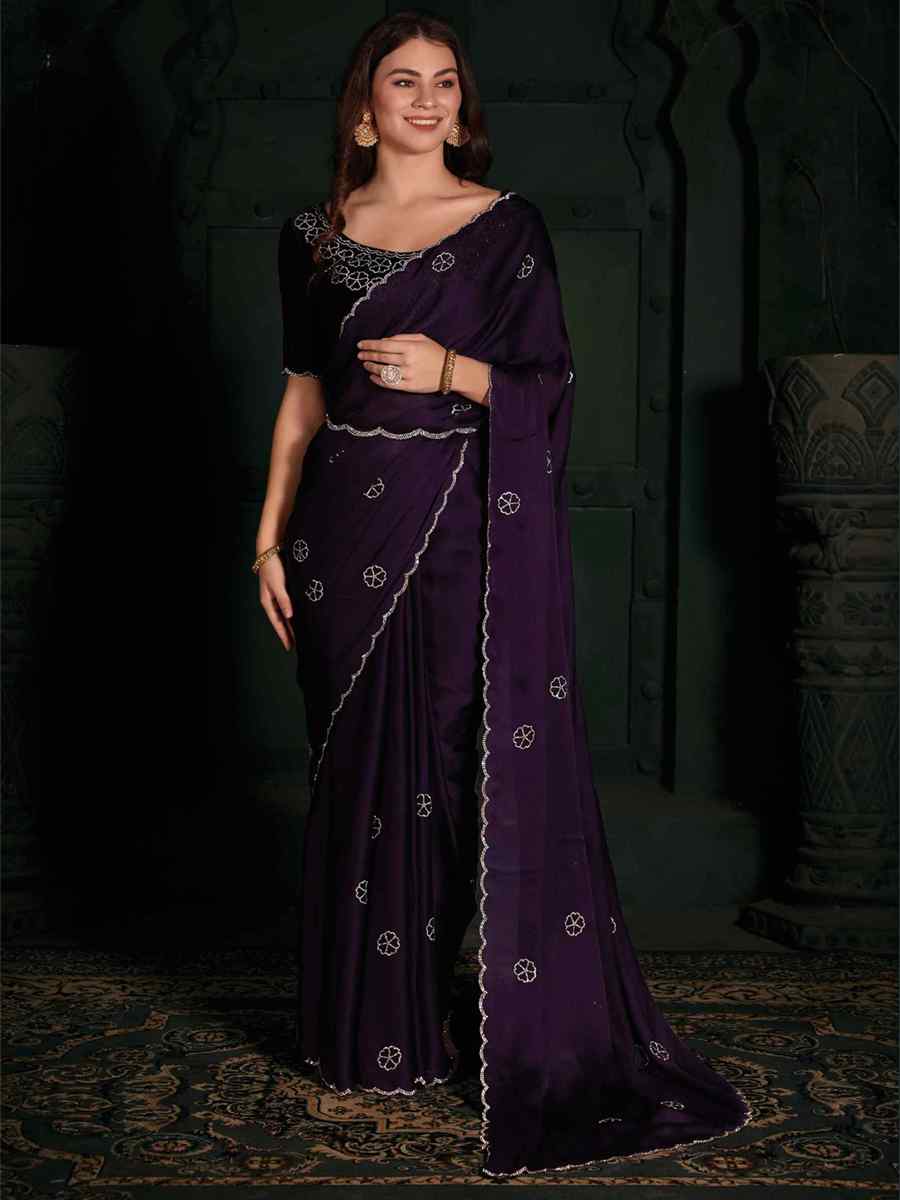 Purple Pure Satin Handwoven Wedding Festival Heavy Border Saree