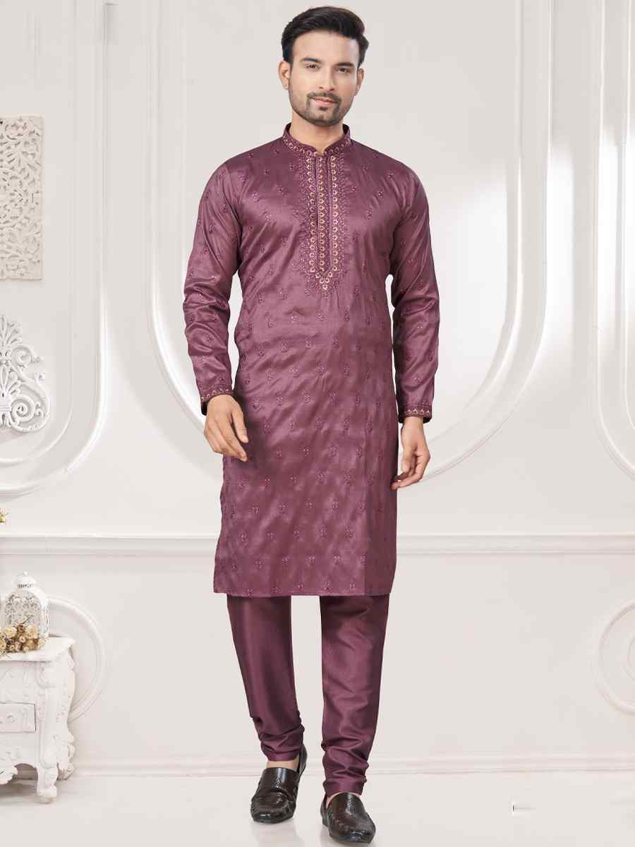 Purple Pure Silk Embroidered Festival Casual Kurta