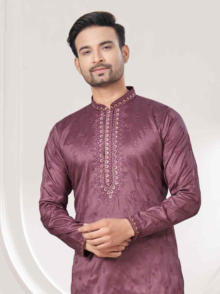 Purple Pure Silk Embroidered Festival Casual Kurta