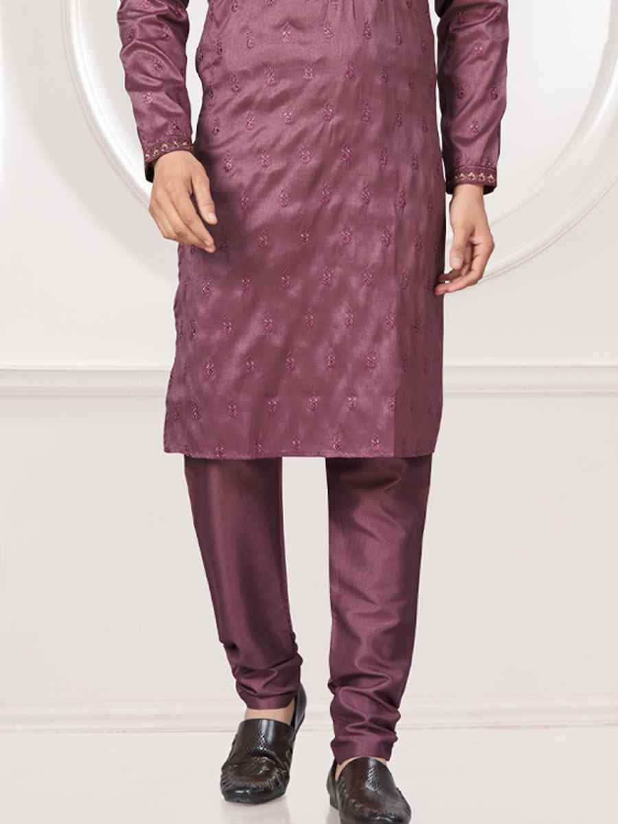 Purple Pure Silk Embroidered Festival Casual Kurta