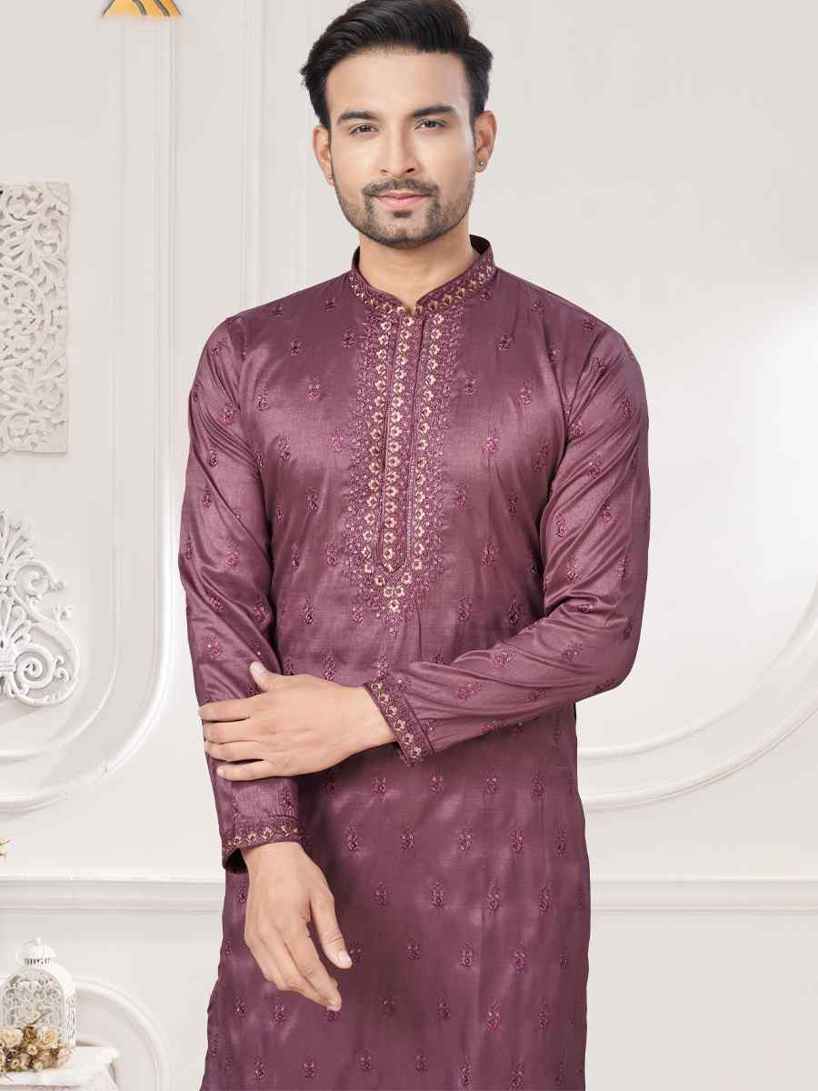 Purple Pure Silk Embroidered Festival Casual Kurta