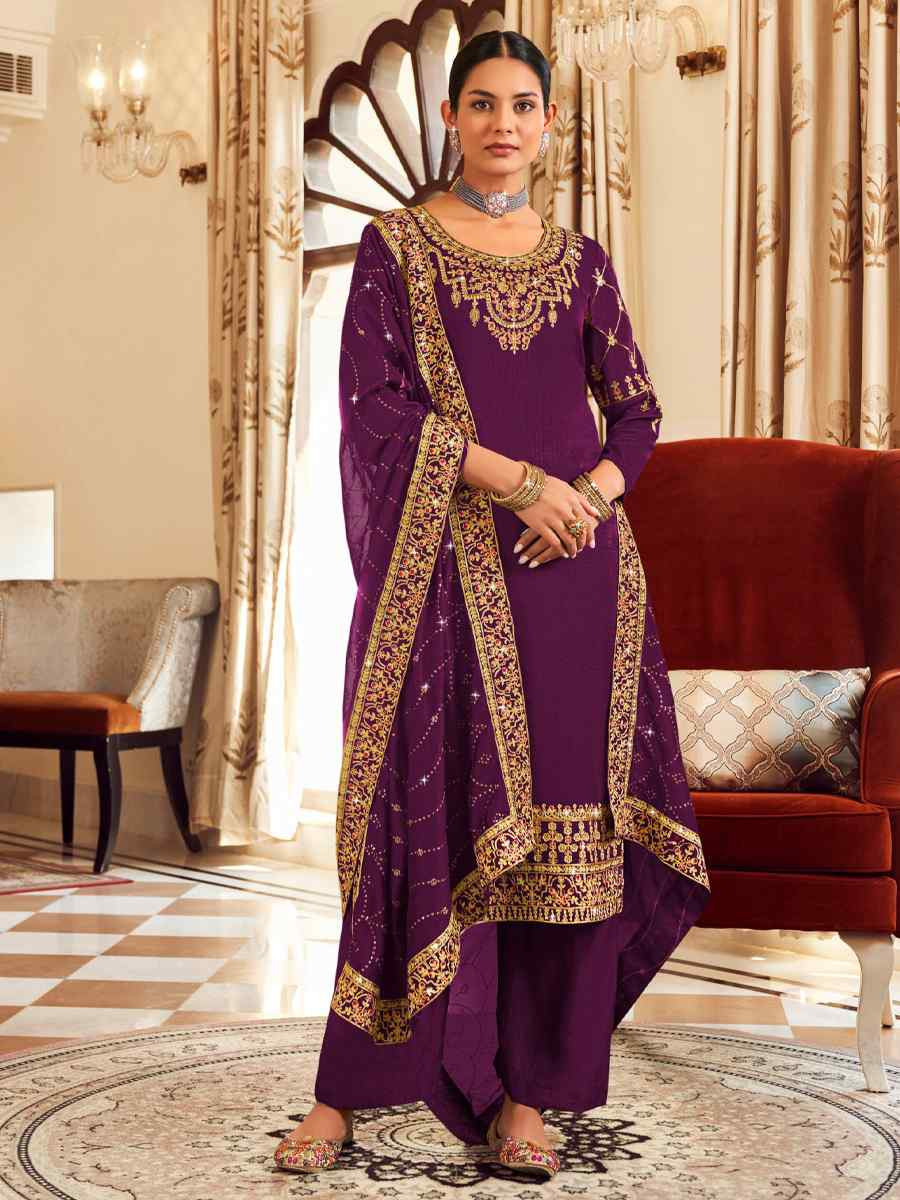 Purple Pure Vichitra Embroidered Festival Wedding Pant Salwar Kameez