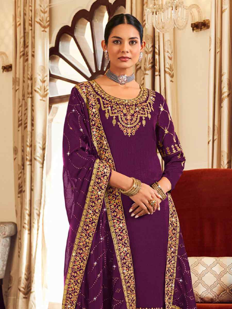 Purple Pure Vichitra Embroidered Festival Wedding Pant Salwar Kameez