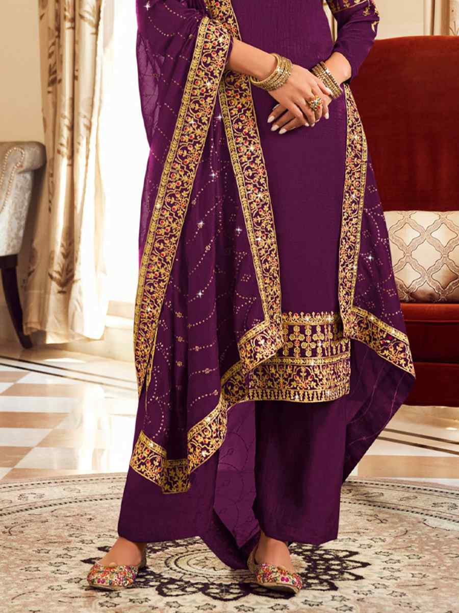 Purple Pure Vichitra Embroidered Festival Wedding Pant Salwar Kameez