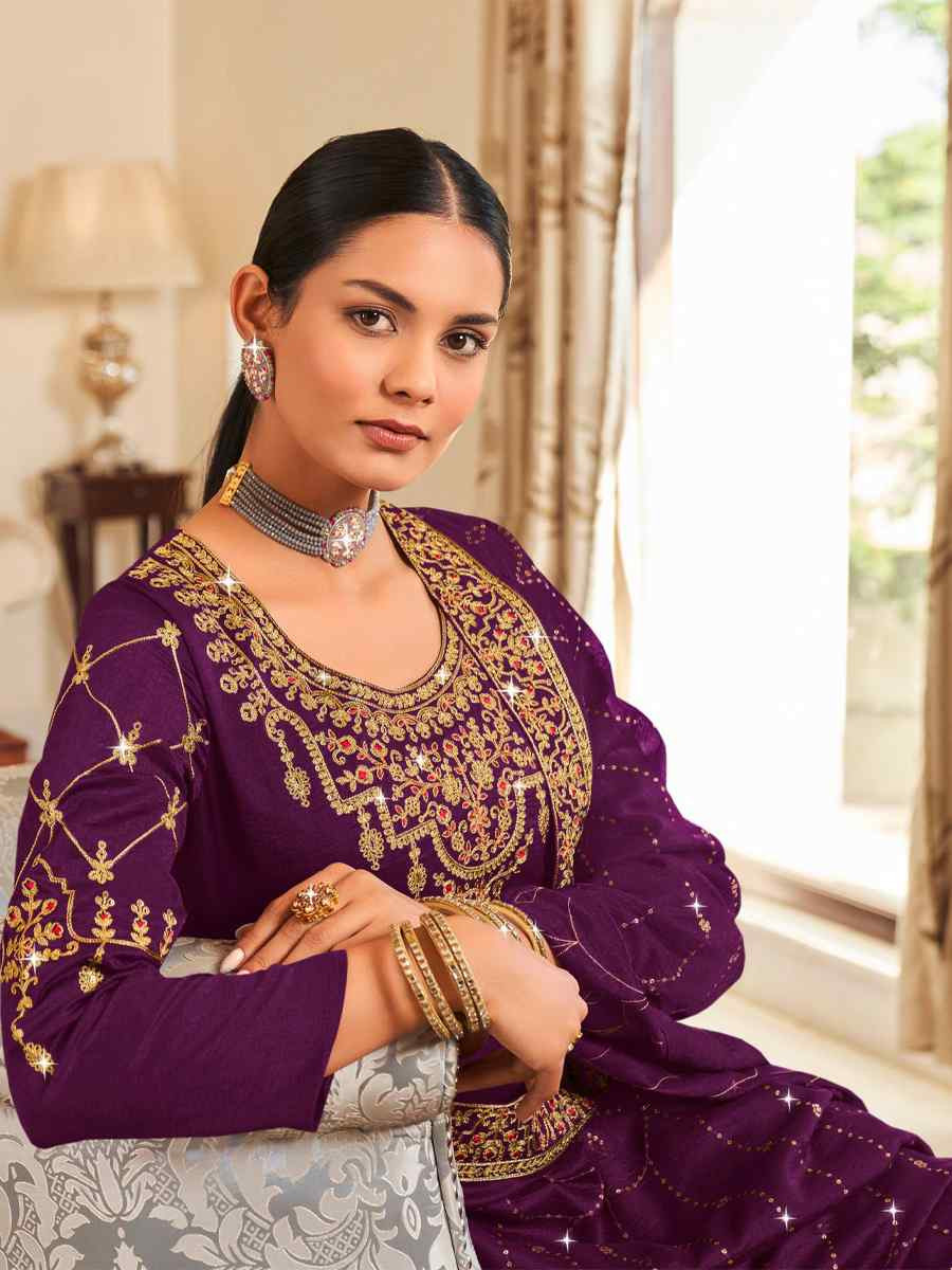 Purple Pure Vichitra Embroidered Festival Wedding Pant Salwar Kameez