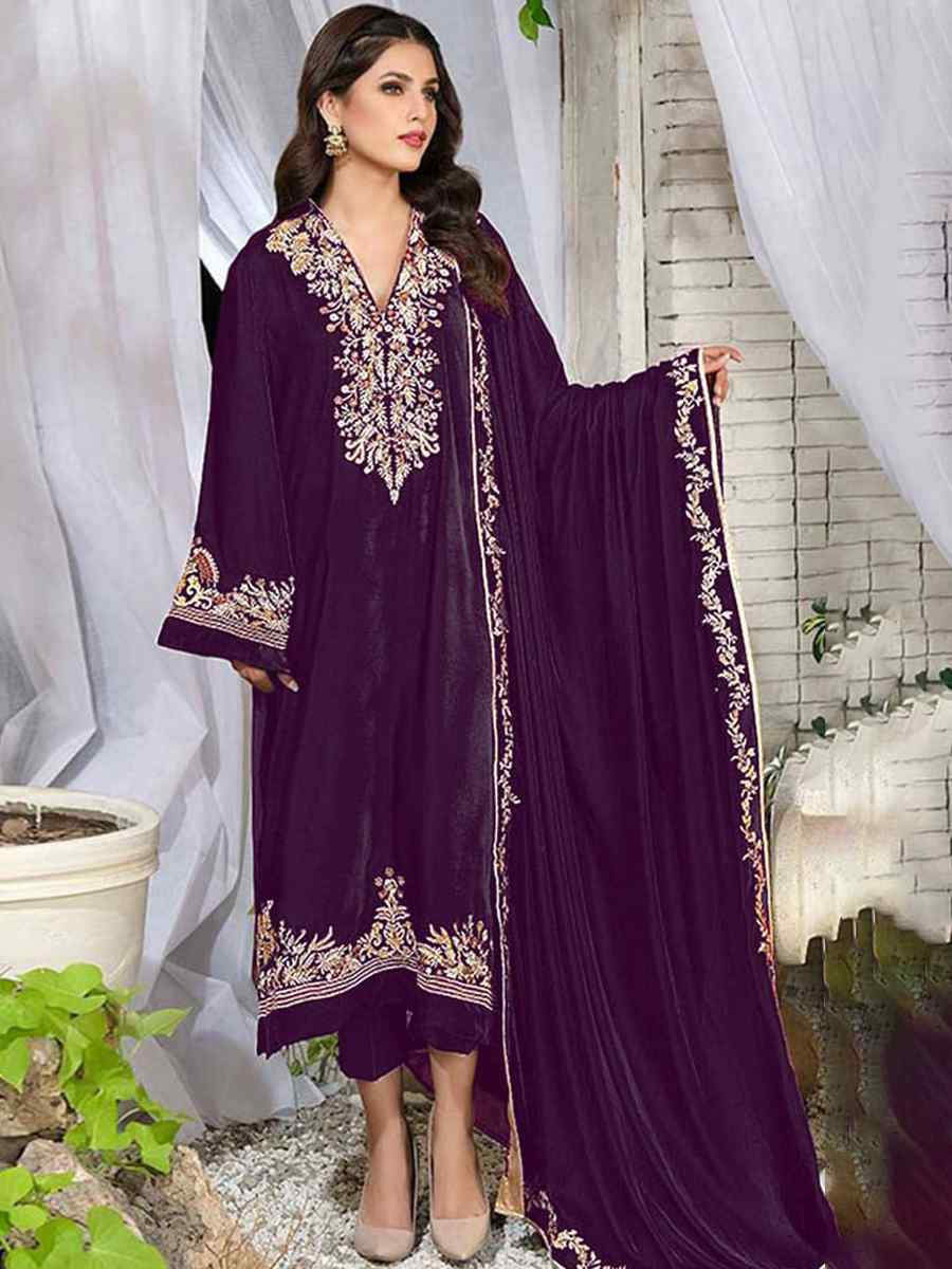 Purple Pure Viscos Velvet Embroidered Festival Wedding Pant Salwar Kameez