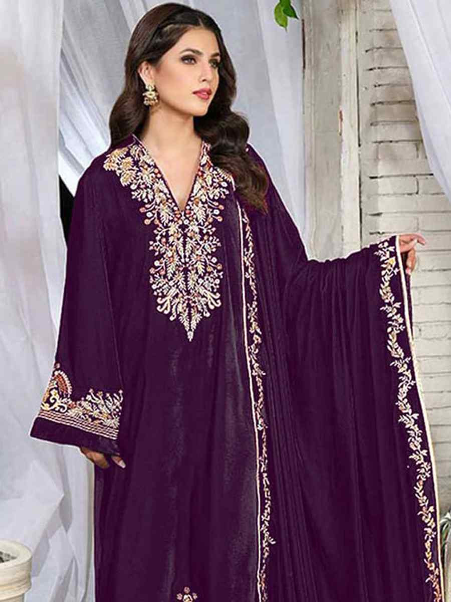 Purple Pure Viscos Velvet Embroidered Festival Wedding Pant Salwar Kameez