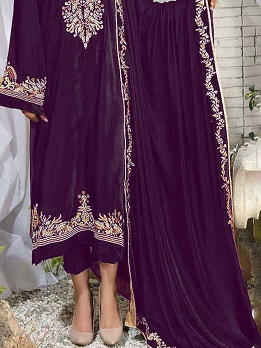 Purple Pure Viscos Velvet Embroidered Festival Wedding Pant Salwar Kameez