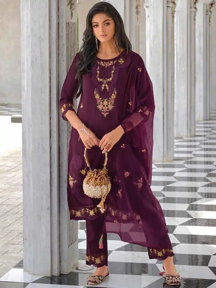 Purple Pure Viscose Embroidered Festival Casual Ready Pant Salwar Kameez