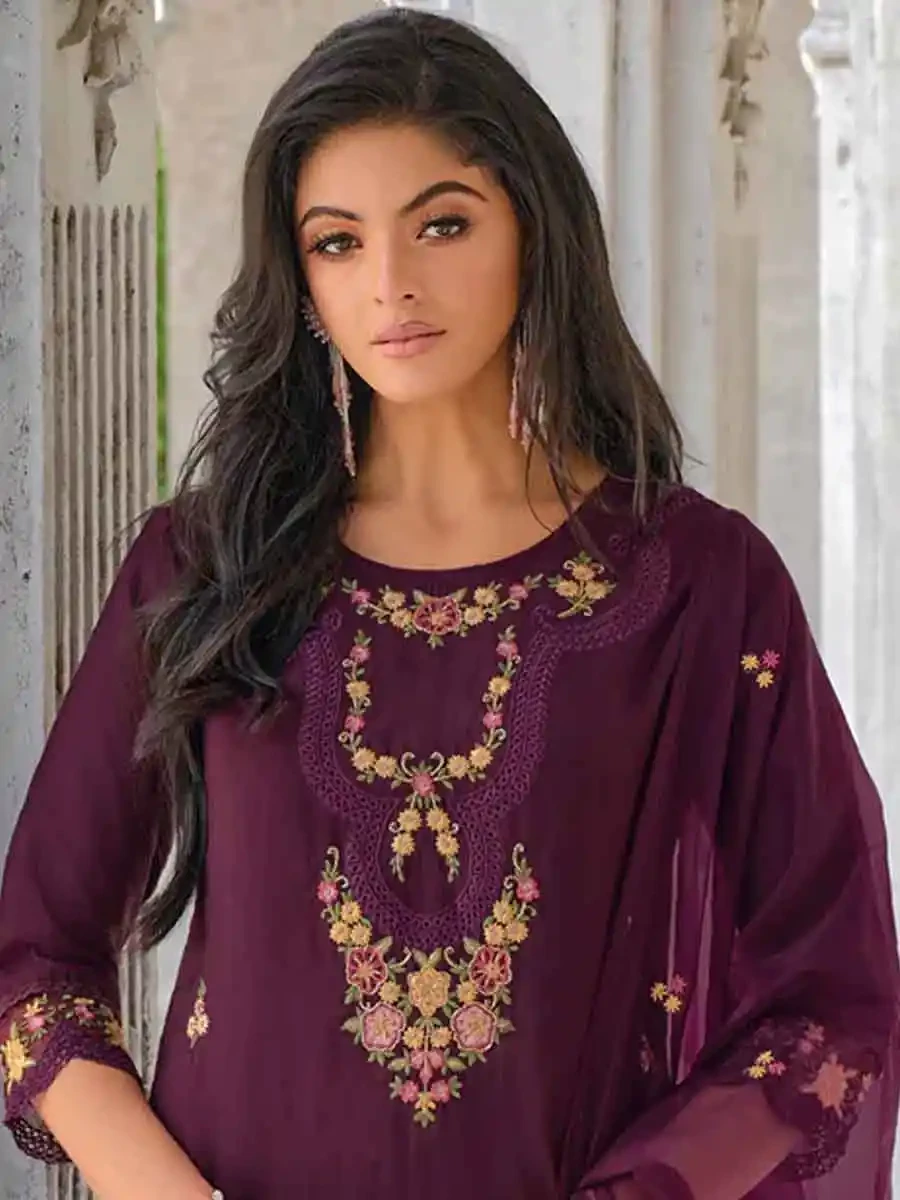 Purple Pure Viscose Embroidered Festival Casual Ready Pant Salwar Kameez