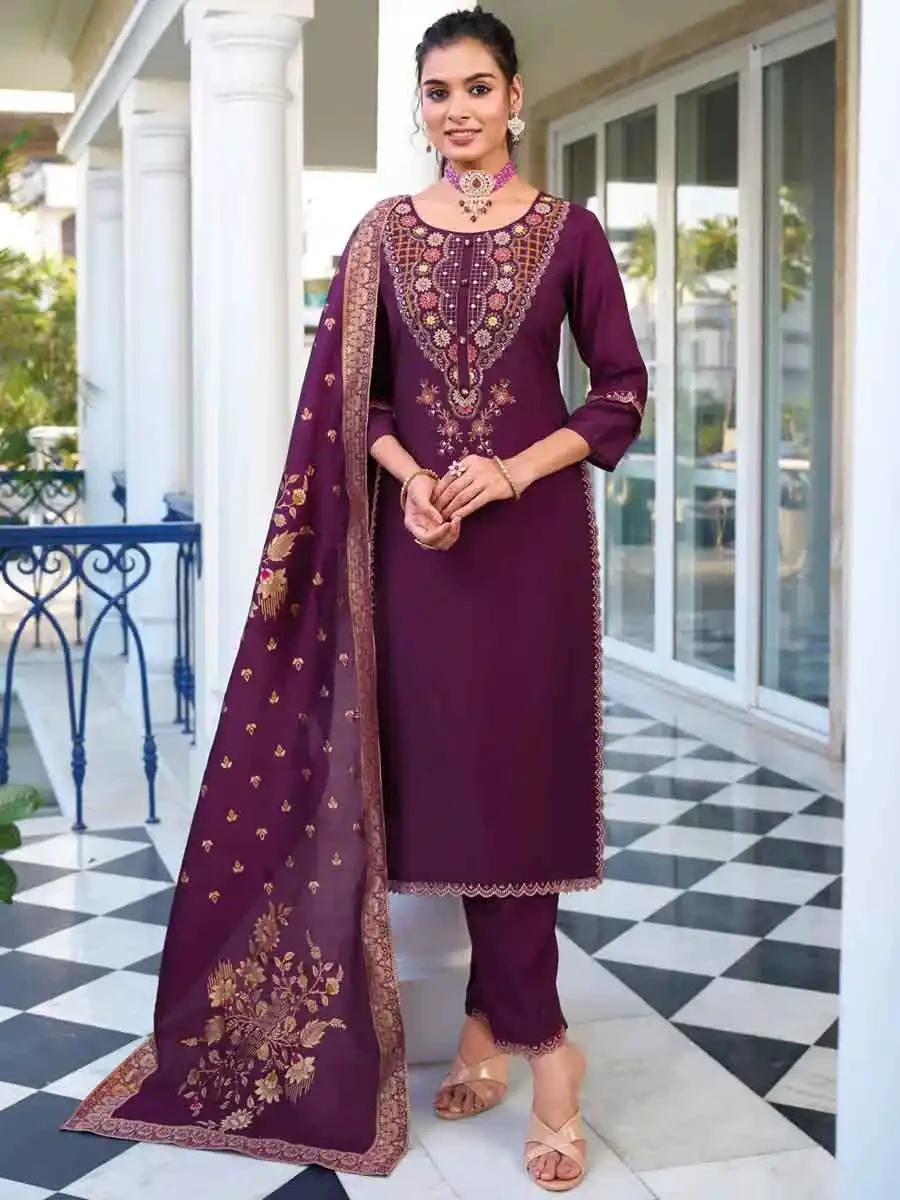 Purple Pure Viscose Embroidered Festival Casual Ready Pant Salwar Kameez