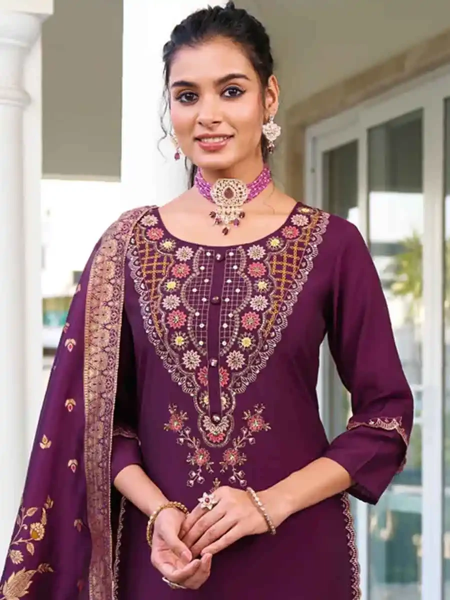 Purple Pure Viscose Embroidered Festival Casual Ready Pant Salwar Kameez