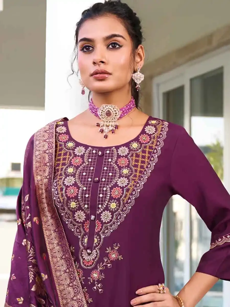 Purple Pure Viscose Embroidered Festival Casual Ready Pant Salwar Kameez