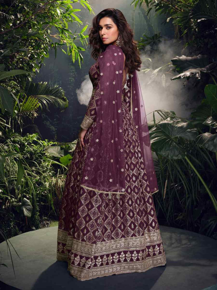 Purple Pure Viscose Jacquard Silk Embroidered Festival Casual Gown