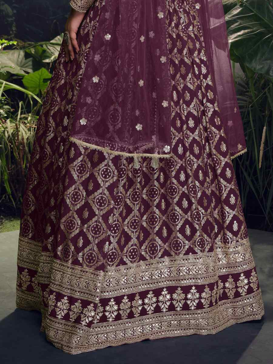 Purple Pure Viscose Jacquard Silk Embroidered Festival Casual Gown