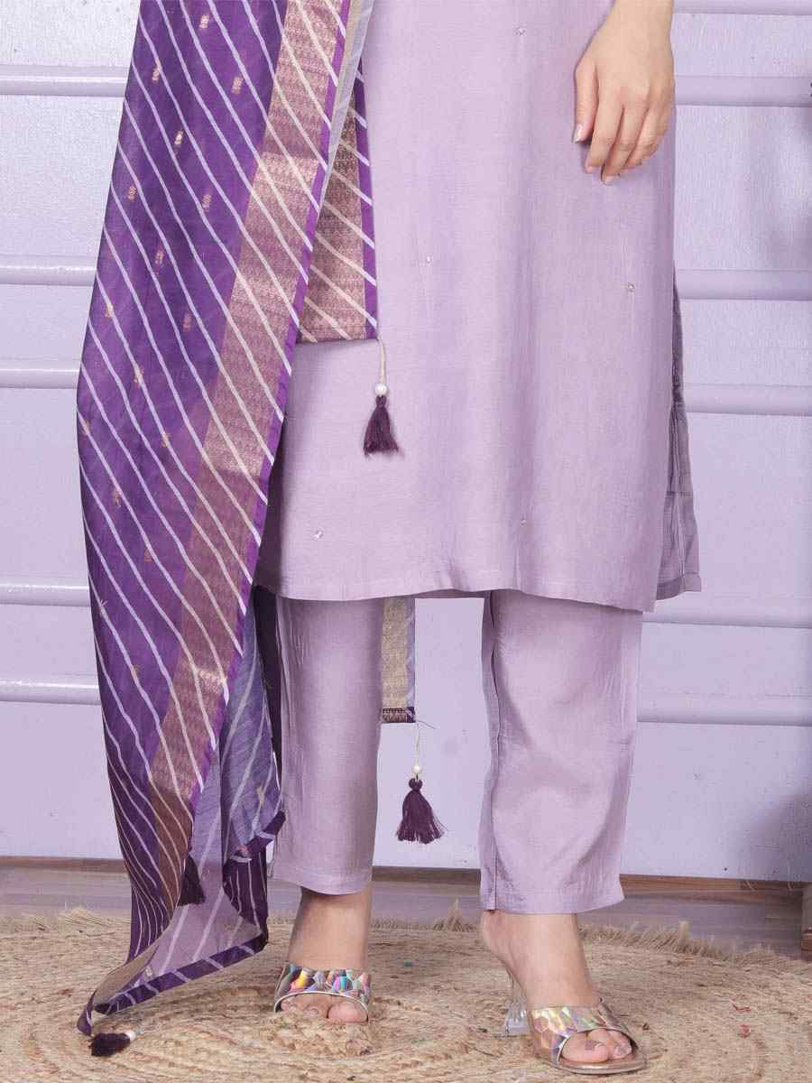 Purple Pure Viscose Muslin Embroidered Festival Mehendi Ready Pant Salwar Kameez