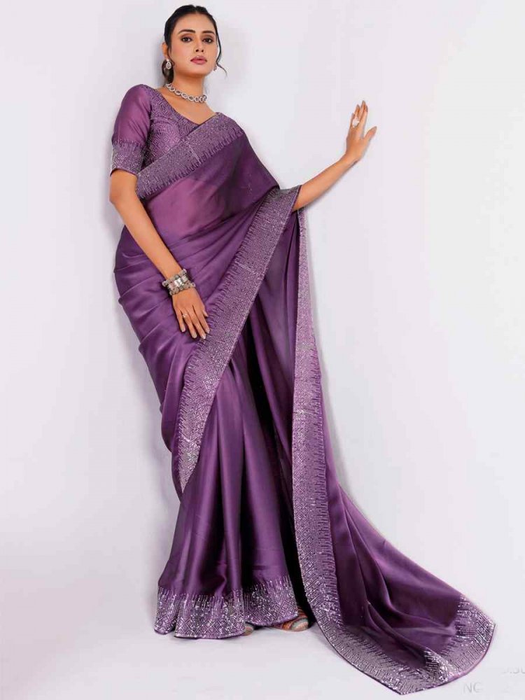 Purple Rangoli Embroidered Wedding Party Heavy Border Saree