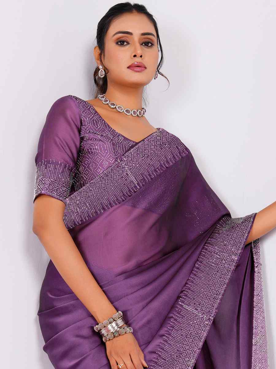 Purple Rangoli Embroidered Wedding Party Heavy Border Saree