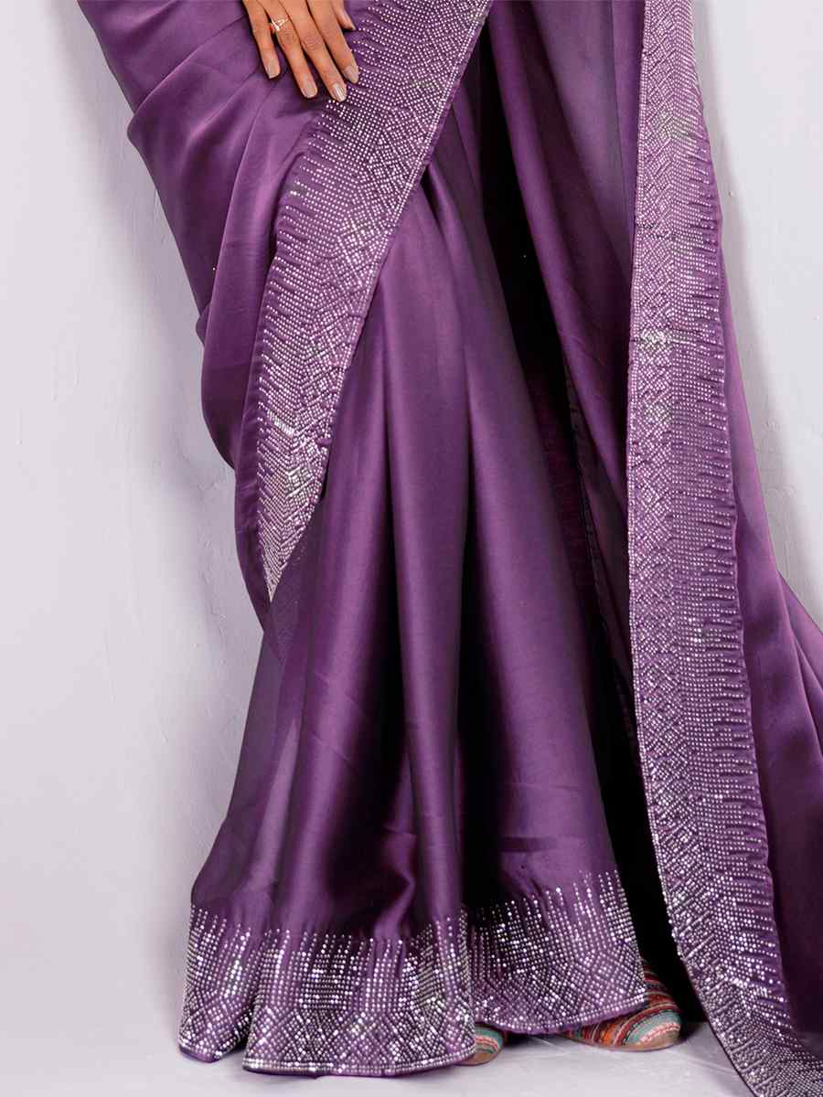 Purple Rangoli Embroidered Wedding Party Heavy Border Saree