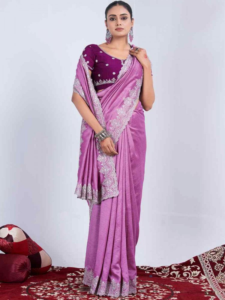 Purple Rangoli Embroidered Wedding Party Heavy Border Saree