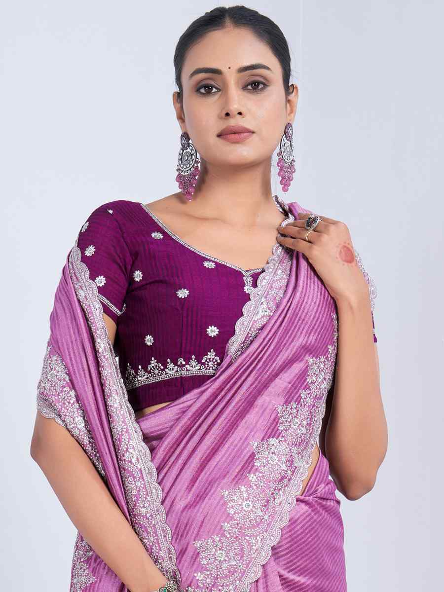 Purple Rangoli Embroidered Wedding Party Heavy Border Saree