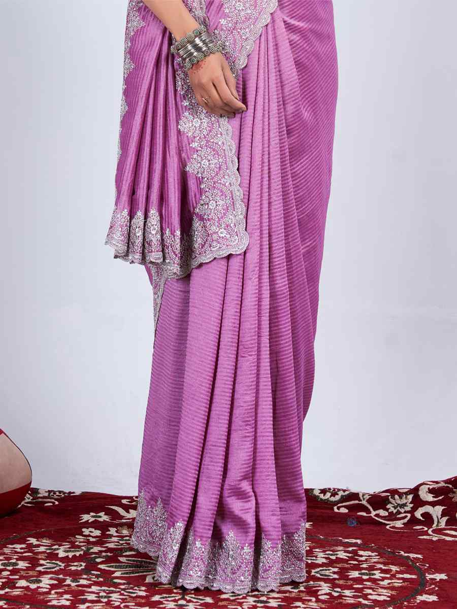 Purple Rangoli Embroidered Wedding Party Heavy Border Saree