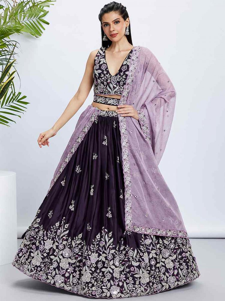 Purple Raw Silk Embroidered Bridesmaid Wedding Heavy Border Lehenga Choli