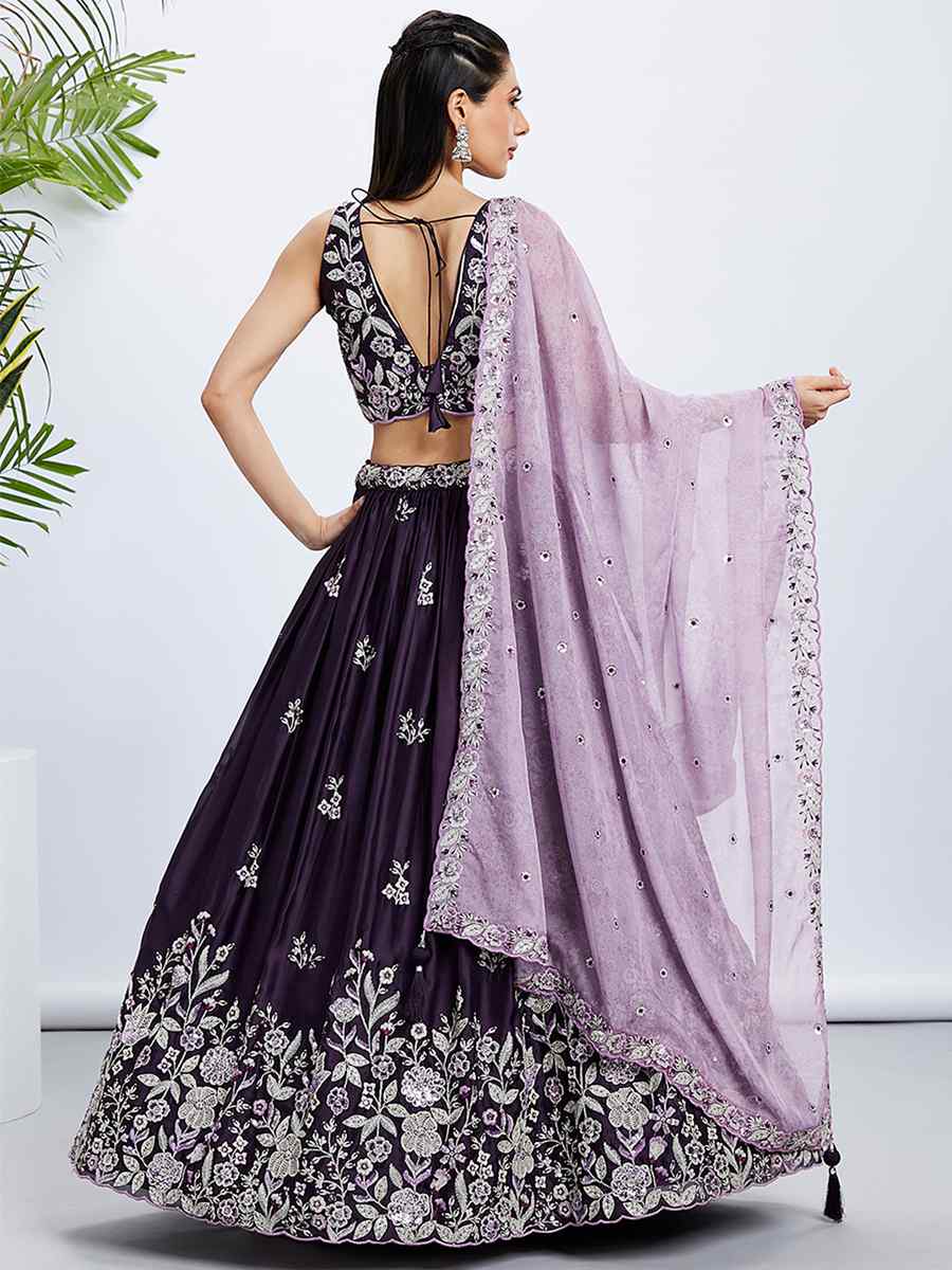 Purple Raw Silk Embroidered Bridesmaid Wedding Heavy Border Lehenga Choli