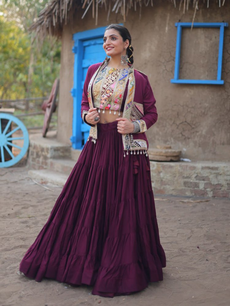 Purple Rayon Embroidered Festival Wedding Circular Lehenga Choli