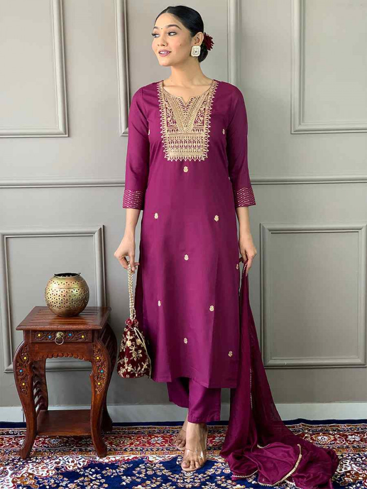 Purple Rayon Slub Embroidered Festival Casual Ready Pant Salwar Kameez