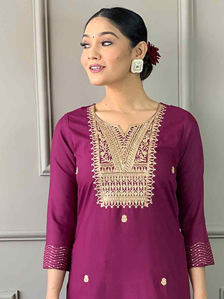 Purple Rayon Slub Embroidered Festival Casual Ready Pant Salwar Kameez