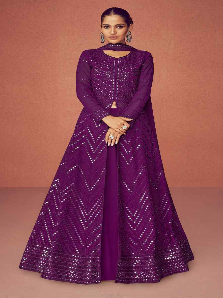 Purple Real Georgette Embroidered Festival Wedding Anarkali Salwar Kameez